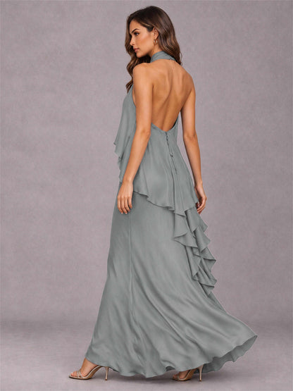 High Neck Sheath Satin Sleeveless Floor-Length Wedding Guest Dress