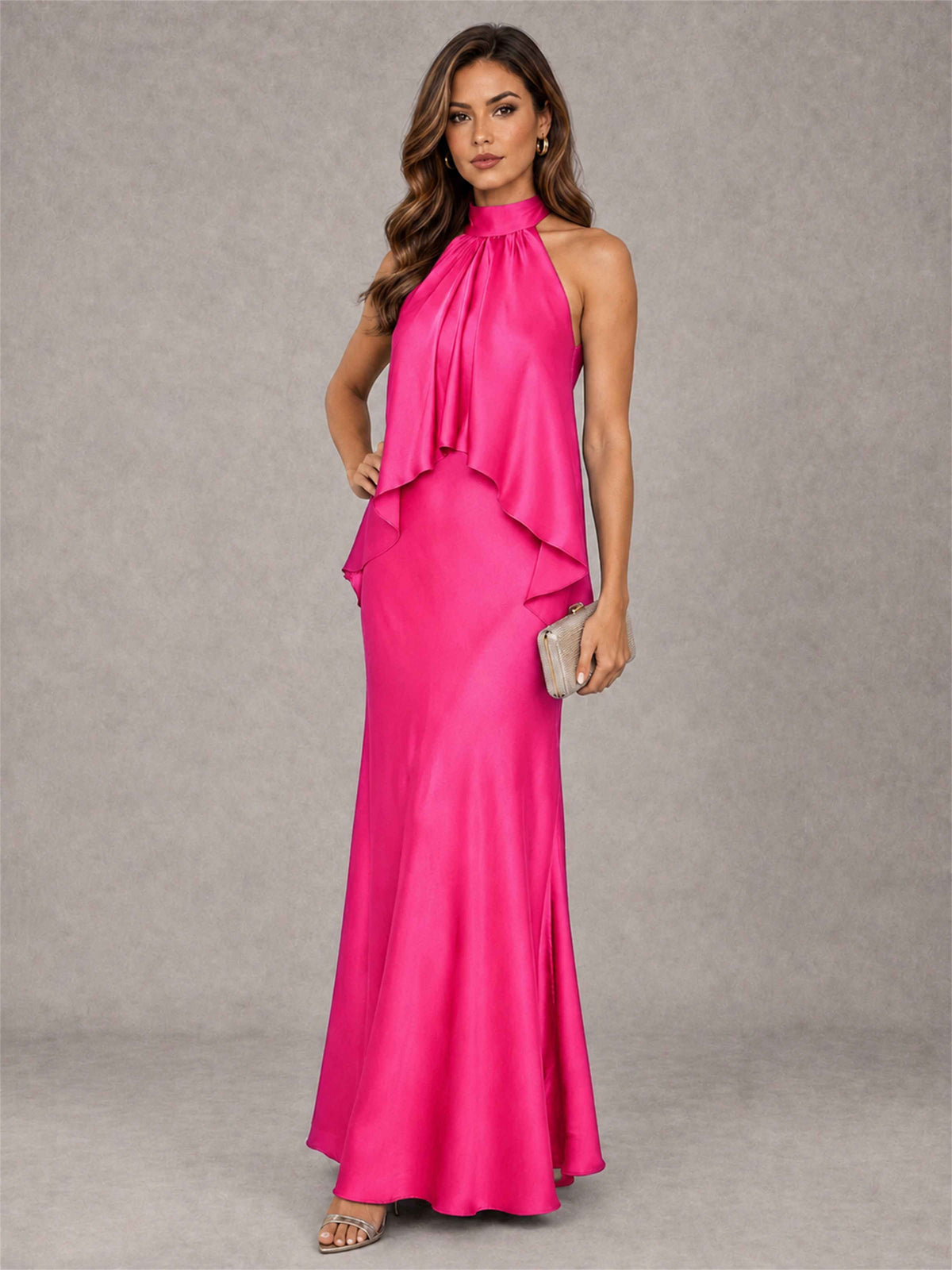 High Neck Sheath Satin Sleeveless Floor-Length Wedding Guest Dress