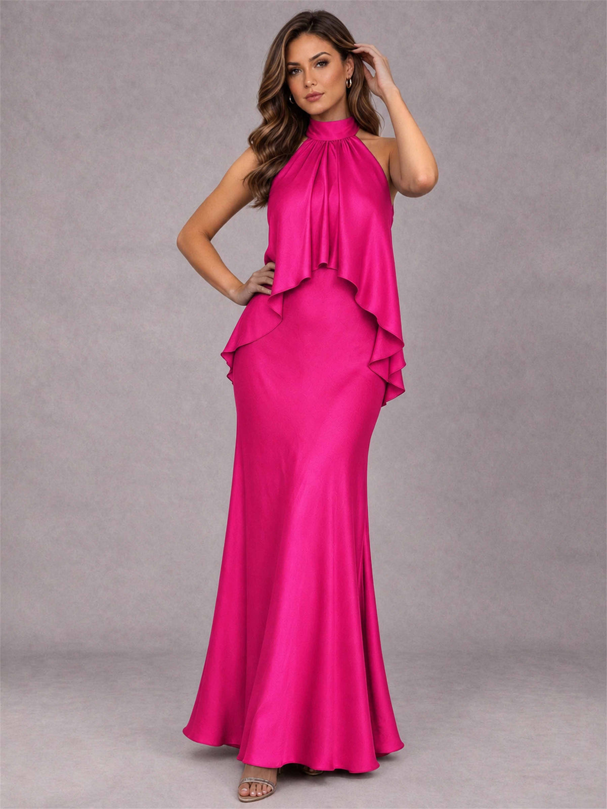 High Neck Sheath Satin Sleeveless Floor-Length Wedding Guest Dress