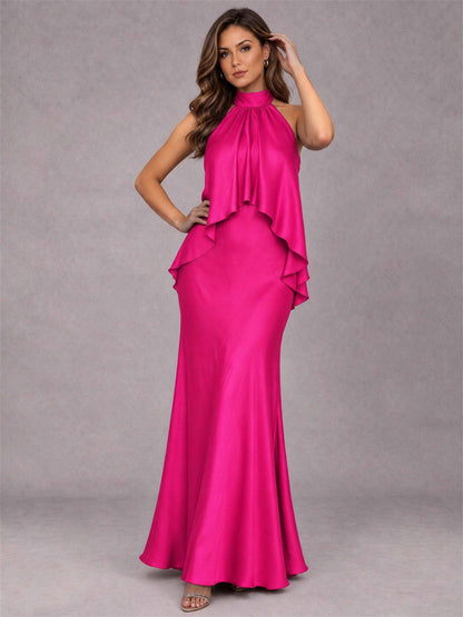 High Neck Sheath Satin Sleeveless Floor-Length Wedding Guest Dress