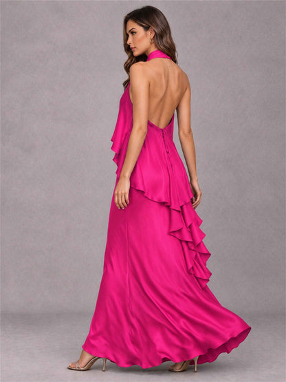 High Neck Sheath Satin Sleeveless Floor-Length Wedding Guest Dress
