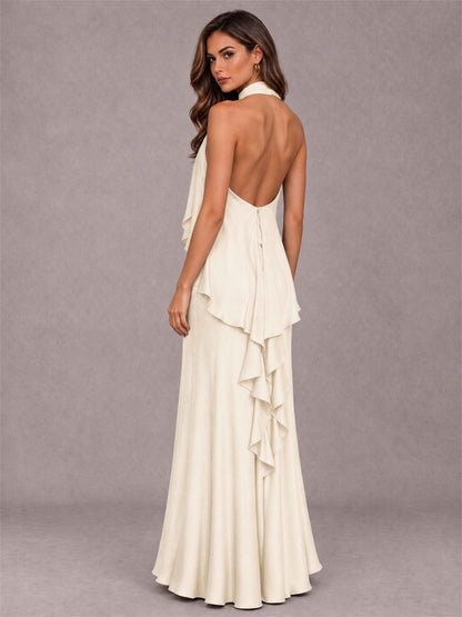 High Neck Sheath Satin Sleeveless Floor-Length Wedding Guest Dress