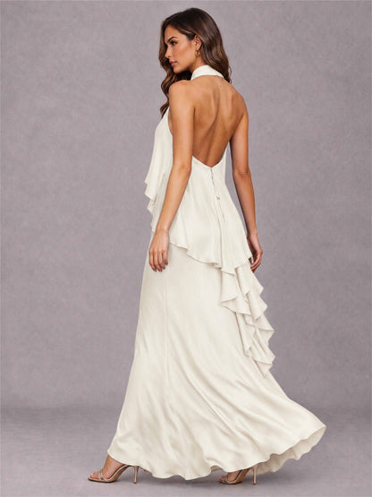 High Neck Sheath Satin Sleeveless Floor-Length Wedding Guest Dress