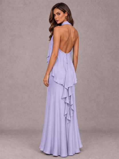 High Neck Sheath Satin Sleeveless Floor-Length Wedding Guest Dress