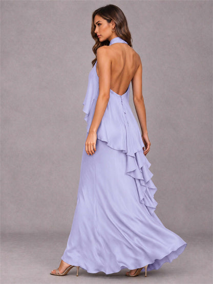 High Neck Sheath Satin Sleeveless Floor-Length Wedding Guest Dress