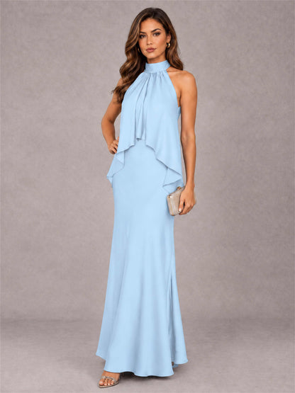 High Neck Sheath Satin Sleeveless Floor-Length Wedding Guest Dress