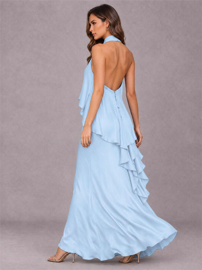 High Neck Sheath Satin Sleeveless Floor-Length Wedding Guest Dress