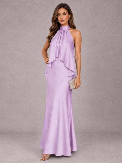 High Neck Sheath Satin Sleeveless Floor-Length Wedding Guest Dress