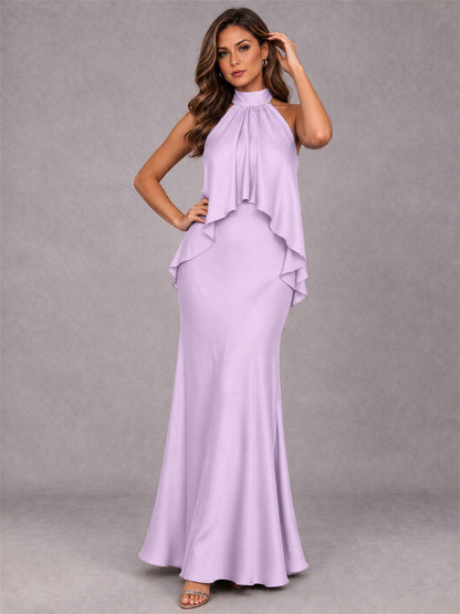 High Neck Sheath Satin Sleeveless Floor-Length Wedding Guest Dress