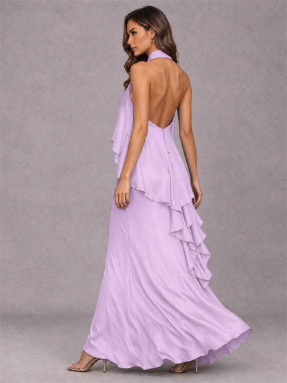 High Neck Sheath Satin Sleeveless Floor-Length Wedding Guest Dress