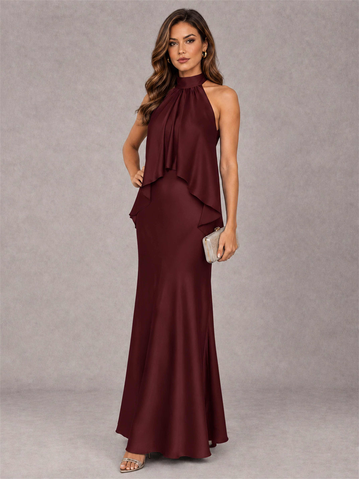 High Neck Sheath Satin Sleeveless Floor-Length Wedding Guest Dress