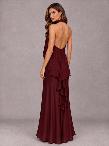 High Neck Sheath Satin Sleeveless Floor-Length Wedding Guest Dress
