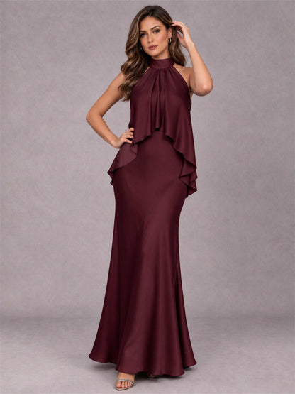 High Neck Sheath Satin Sleeveless Floor-Length Wedding Guest Dress
