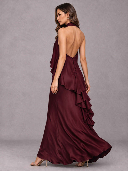High Neck Sheath Satin Sleeveless Floor-Length Wedding Guest Dress