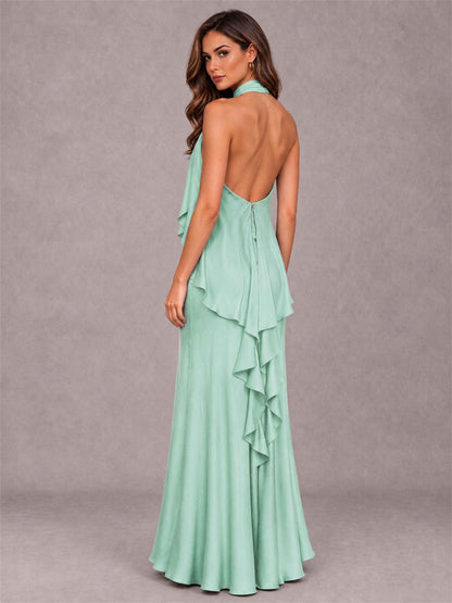 High Neck Sheath Satin Sleeveless Floor-Length Wedding Guest Dress