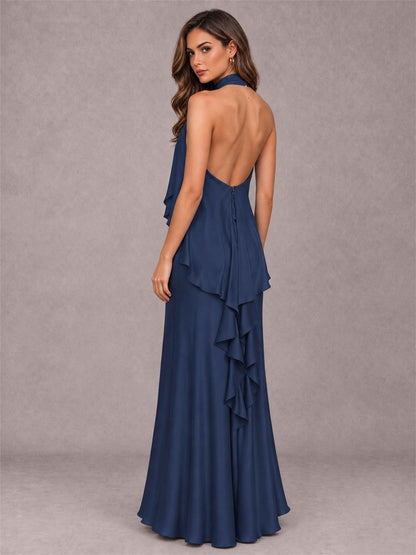 High Neck Sheath Satin Sleeveless Floor-Length Wedding Guest Dress