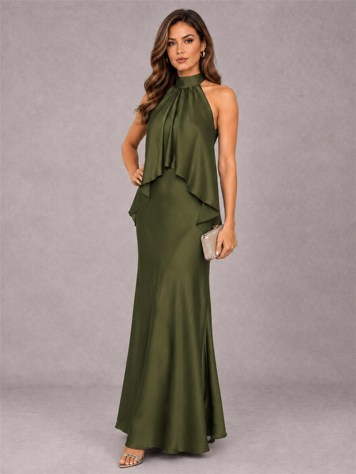 High Neck Sheath Satin Sleeveless Floor-Length Wedding Guest Dress