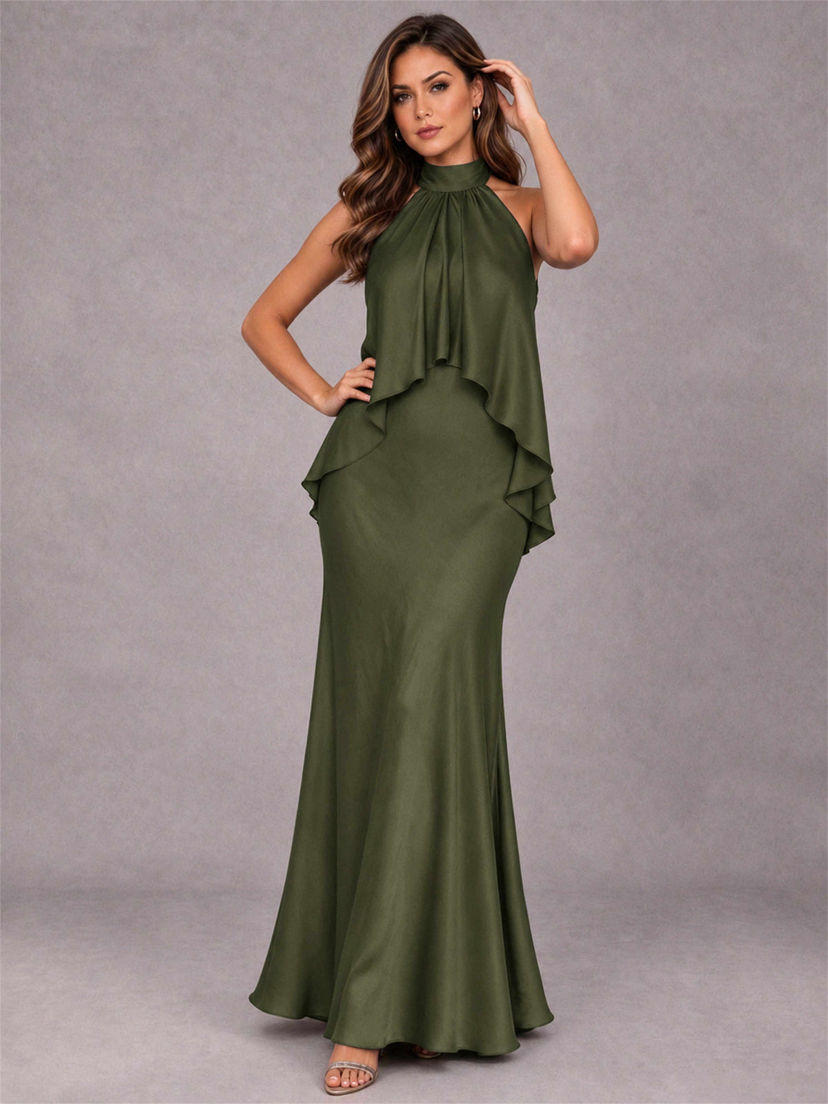 High Neck Sheath Satin Sleeveless Floor-Length Wedding Guest Dress