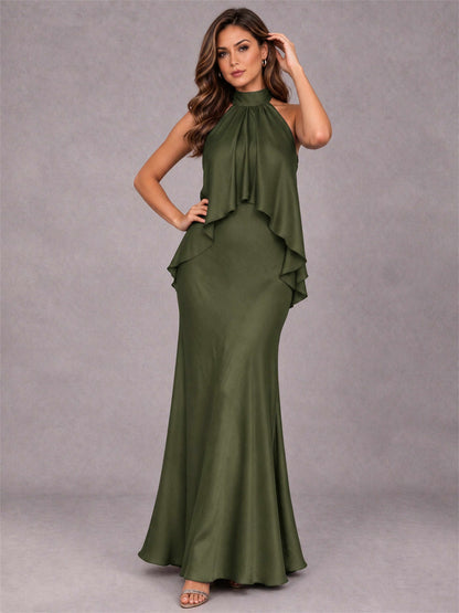 High Neck Sheath Satin Sleeveless Floor-Length Wedding Guest Dress