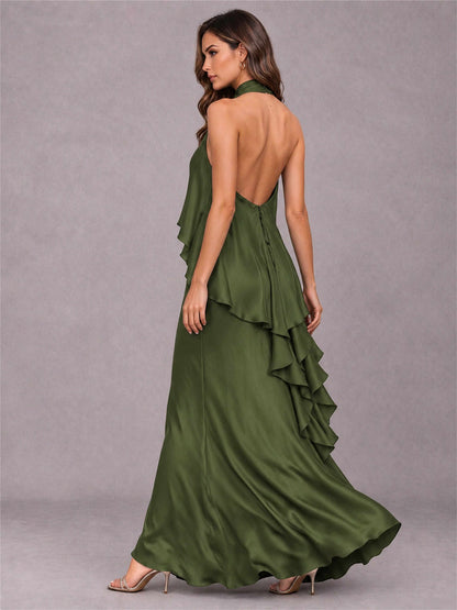 High Neck Sheath Satin Sleeveless Floor-Length Wedding Guest Dress