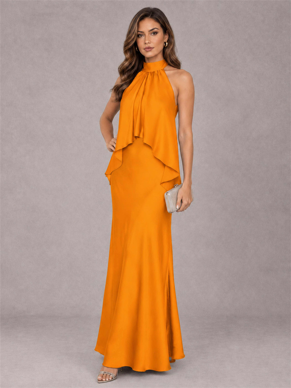 High Neck Sheath Satin Sleeveless Floor-Length Wedding Guest Dress