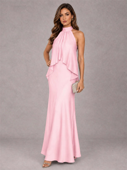 High Neck Sheath Satin Sleeveless Floor-Length Wedding Guest Dress