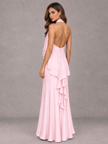 High Neck Sheath Satin Sleeveless Floor-Length Wedding Guest Dress