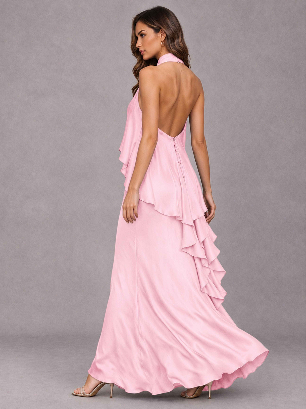 High Neck Sheath Satin Sleeveless Floor-Length Wedding Guest Dress