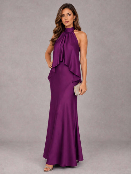 High Neck Sheath Satin Sleeveless Floor-Length Wedding Guest Dress