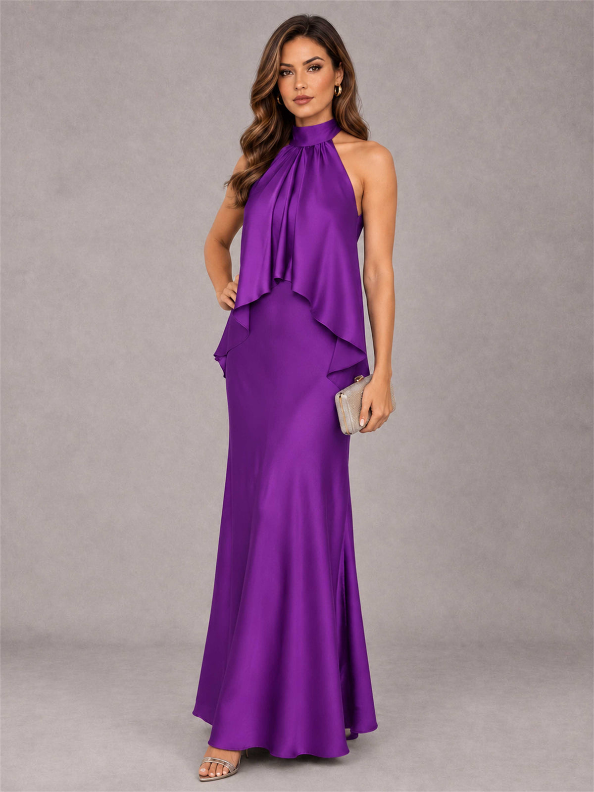 High Neck Sheath Satin Sleeveless Floor-Length Wedding Guest Dress