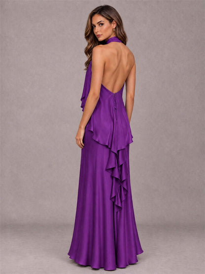 High Neck Sheath Satin Sleeveless Floor-Length Wedding Guest Dress