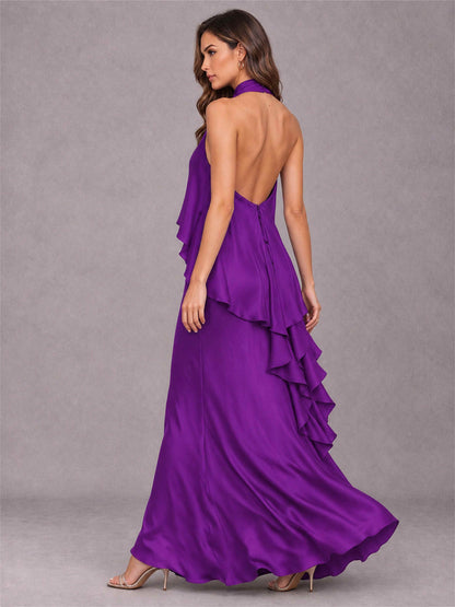High Neck Sheath Satin Sleeveless Floor-Length Wedding Guest Dress