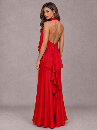 High Neck Sheath Satin Sleeveless Floor-Length Wedding Guest Dress