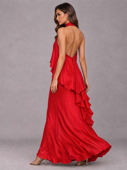 High Neck Sheath Satin Sleeveless Floor-Length Wedding Guest Dress