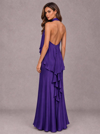 High Neck Sheath Satin Sleeveless Floor-Length Wedding Guest Dress