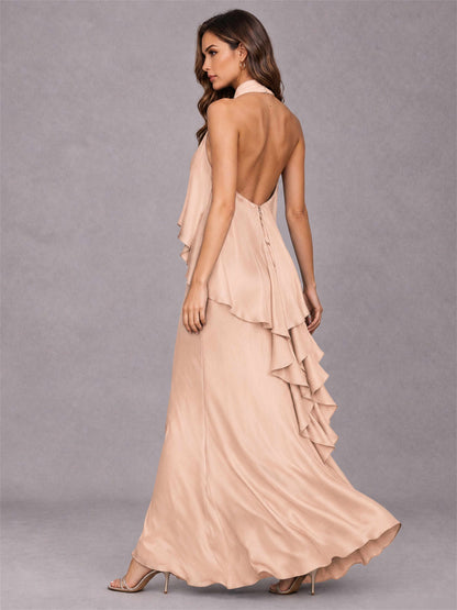 High Neck Sheath Satin Sleeveless Floor-Length Wedding Guest Dress