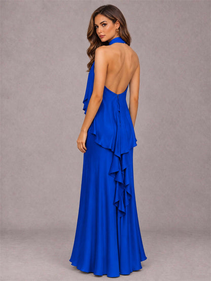 High Neck Sheath Satin Sleeveless Floor-Length Wedding Guest Dress
