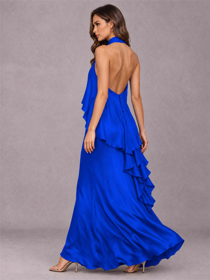 High Neck Sheath Satin Sleeveless Floor-Length Wedding Guest Dress