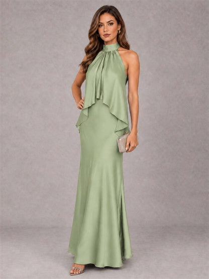 High Neck Sheath Satin Sleeveless Floor-Length Wedding Guest Dress