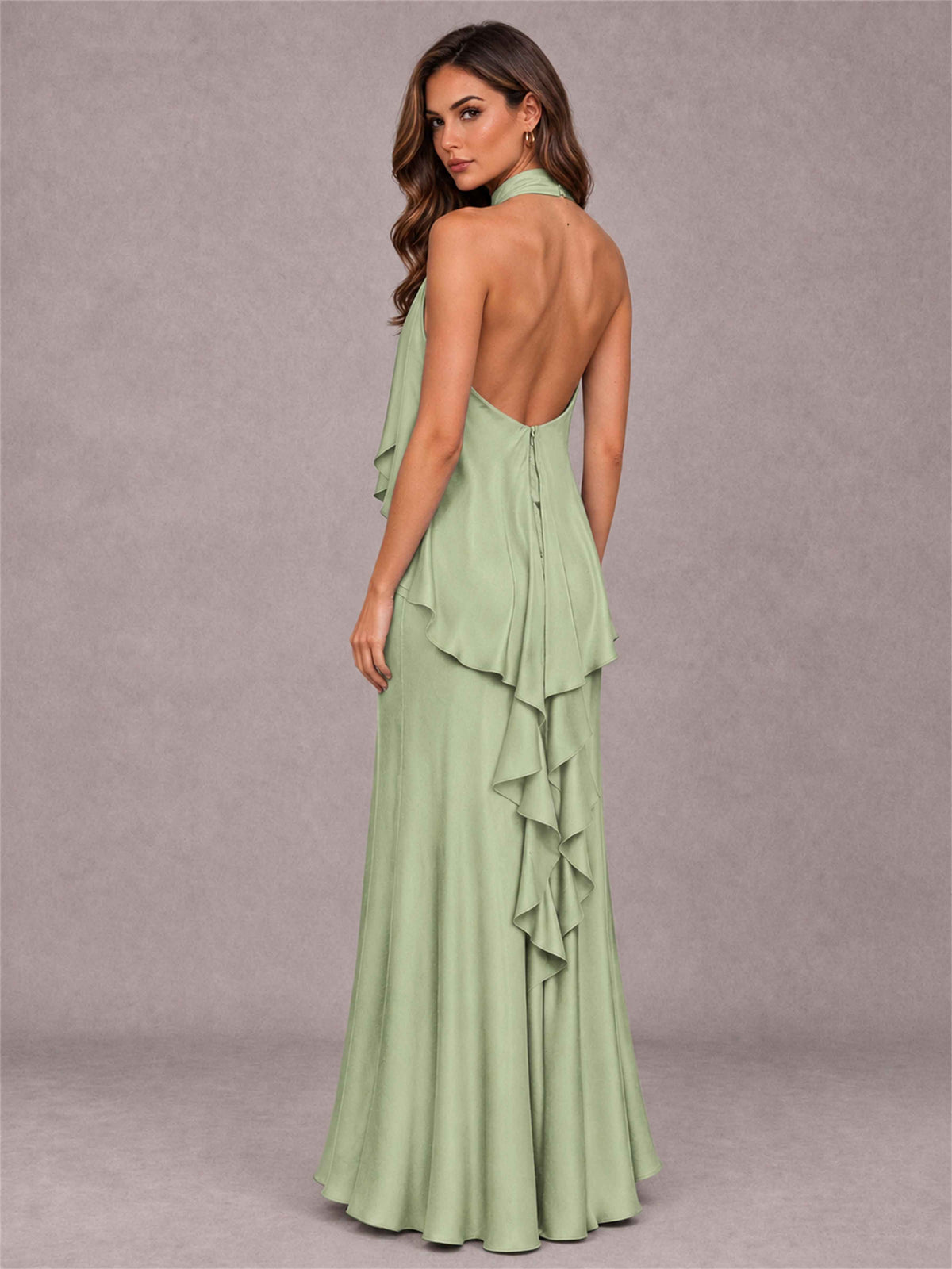 High Neck Sheath Satin Sleeveless Floor-Length Wedding Guest Dress