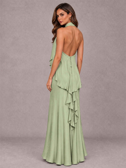 High Neck Sheath Satin Sleeveless Floor-Length Wedding Guest Dress