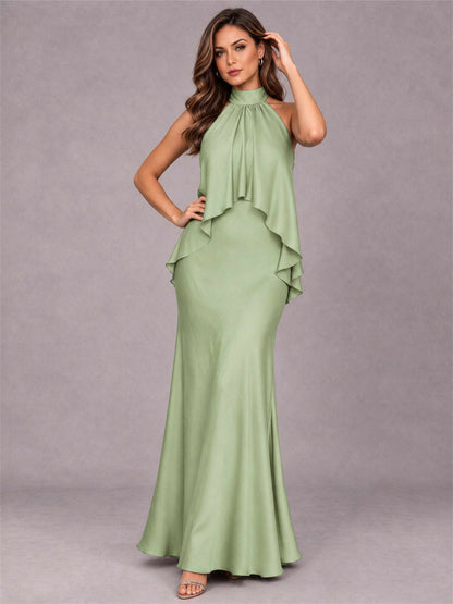 High Neck Sheath Satin Sleeveless Floor-Length Wedding Guest Dress