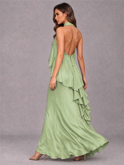 High Neck Sheath Satin Sleeveless Floor-Length Wedding Guest Dress