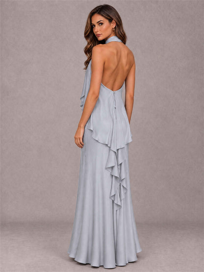 High Neck Sheath Satin Sleeveless Floor-Length Wedding Guest Dress
