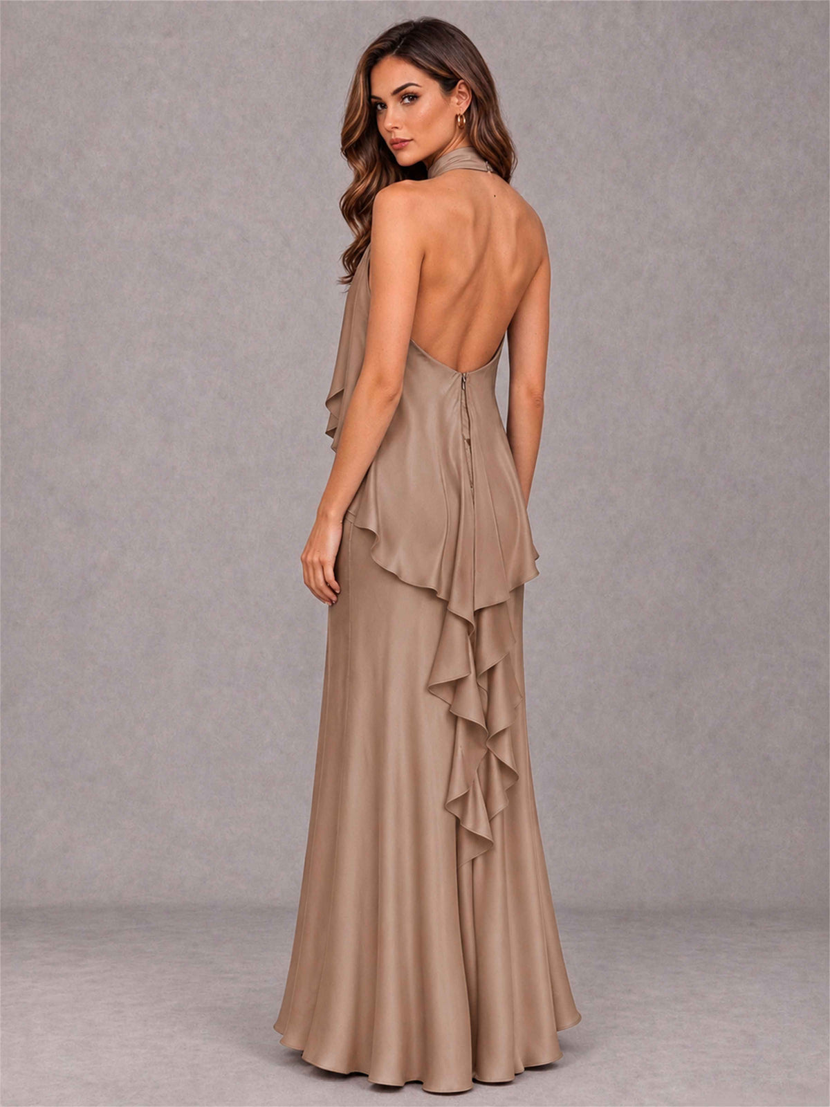 High Neck Sheath Satin Sleeveless Floor-Length Wedding Guest Dress