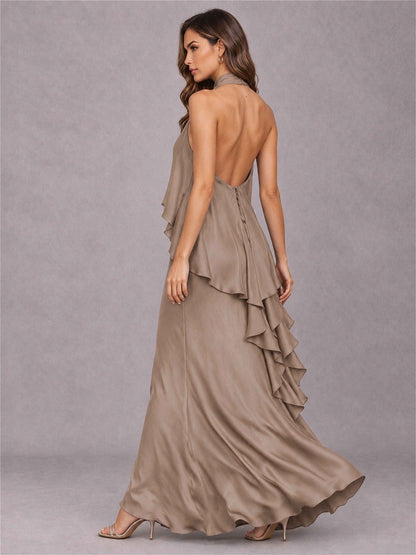 High Neck Sheath Satin Sleeveless Floor-Length Wedding Guest Dress