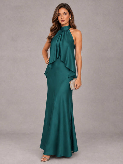 High Neck Sheath Satin Sleeveless Floor-Length Wedding Guest Dress