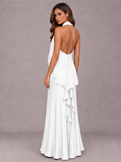High Neck Sheath Satin Sleeveless Floor-Length Wedding Guest Dress