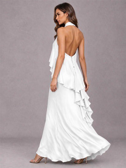High Neck Sheath Satin Sleeveless Floor-Length Wedding Guest Dress