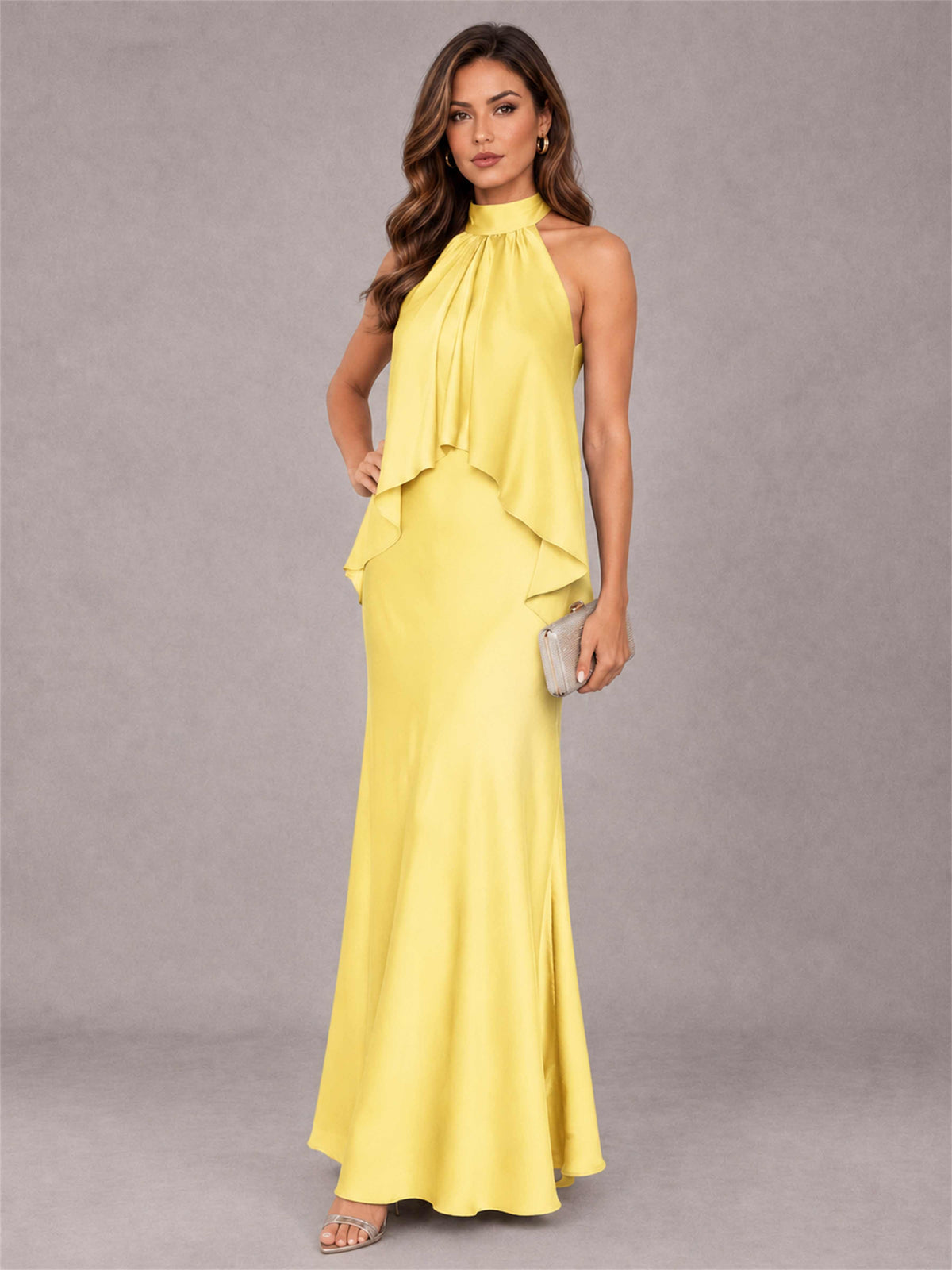 High Neck Sheath Satin Sleeveless Floor-Length Wedding Guest Dress